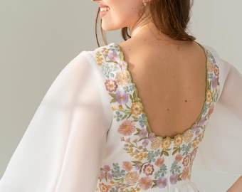wildflower embroidered wedding dress, colorful floral wedding dress, custom made rustic wedding dress short sleeves, non traditional wedding