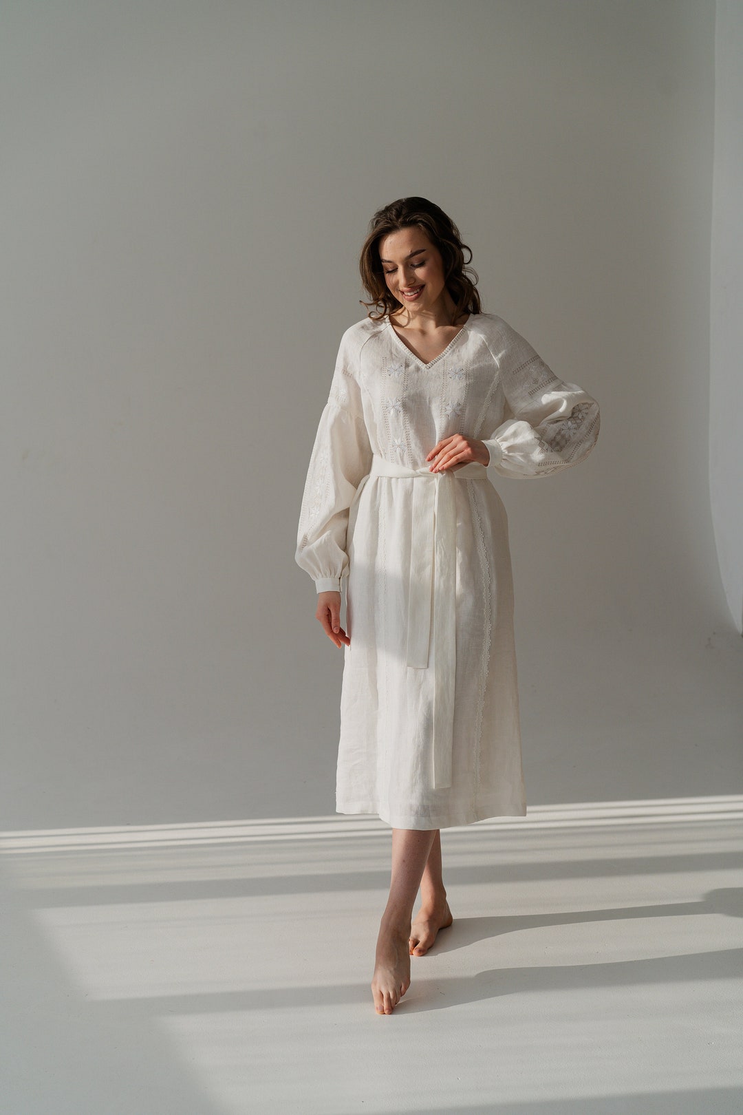 Slavic Modest Ivory Linen Wedding Dress, Embroidered Ukrainian Dress, Slavic Folk ...