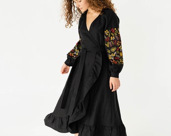 black linen wrap dress with embroidered wildflowers, vyshyvanka ukrainian dress, boho linen wedding guest dress