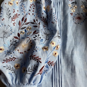 blue linen embroidered blouse, ukrainian vyshyvanka blouse, wildflower peasant linen top, handmade ukrainian designer boho top image 5