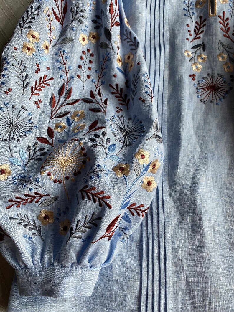 blue linen embroidered blouse, ukrainian vyshyvanka blouse, wildflower peasant linen top, handmade ukrainian designer boho top image 5