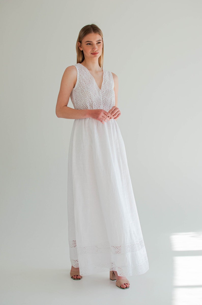 white linen dress, linen slip dress, lace linen wedding dress, boho linen sunderss women, elopement dress image 1