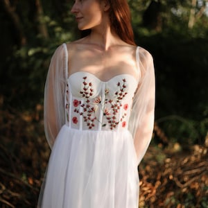 floral corset wedding dress, colorful wildflower embroidered wedding dress, tulle off shoulder, non traditional wedding dress