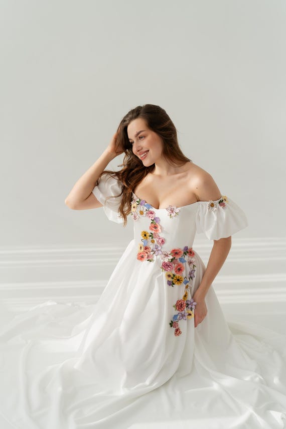 satin dress with floral embellishment Off-The-Shoulder Satin Dress with Large 3D Floral Embellishments Bronze / FR 38