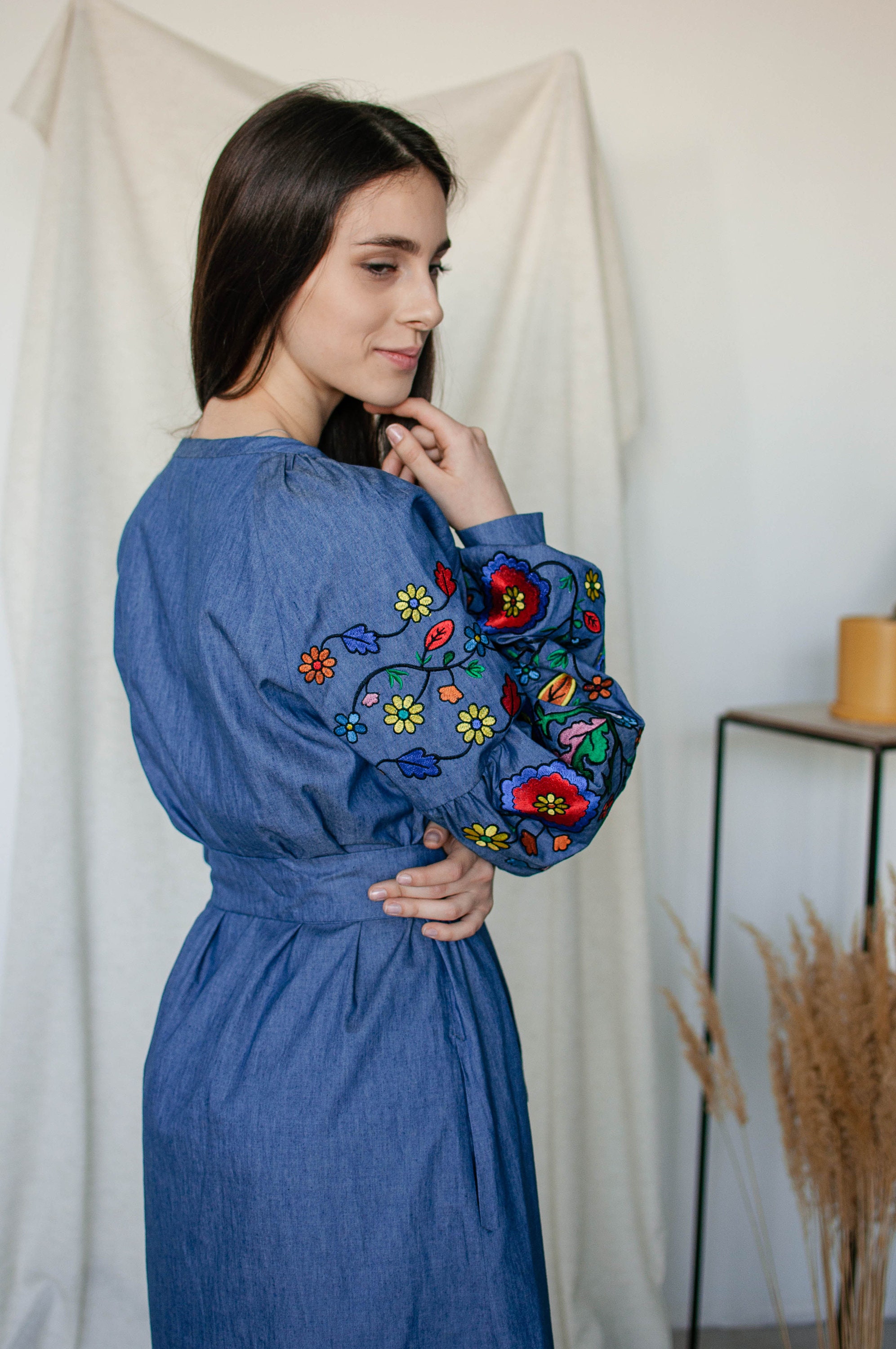 Ukrainian dress cotton embroidered long denim dress blue | Etsy