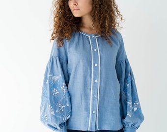 blue linen embroidered blouse, ukrainian vyshyvanka blouse, wildflower peasant linen top, handmade ukrainian designer boho top