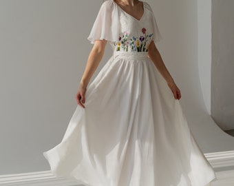 hand embroidered wedding dress, wildflower chiffon wedding dress, colotful floral wedding dress, handmade ukrainian dress