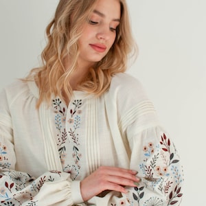 floral ukrainian blouse, ivory linen peasant blouse, modern vyshyvanka, folk embroidered hungarian blouse long sleeve image 5