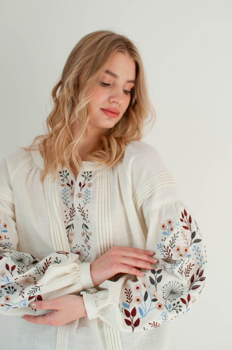 floral ukrainian blouse, ivory linen peasant blouse, modern vyshyvanka, folk embroidered hungarian blouse long sleeve image 5