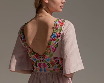 floral wedding dress, blush linen wedding dress, non traditional wedding dress, colorful embroidered ukrainian dress