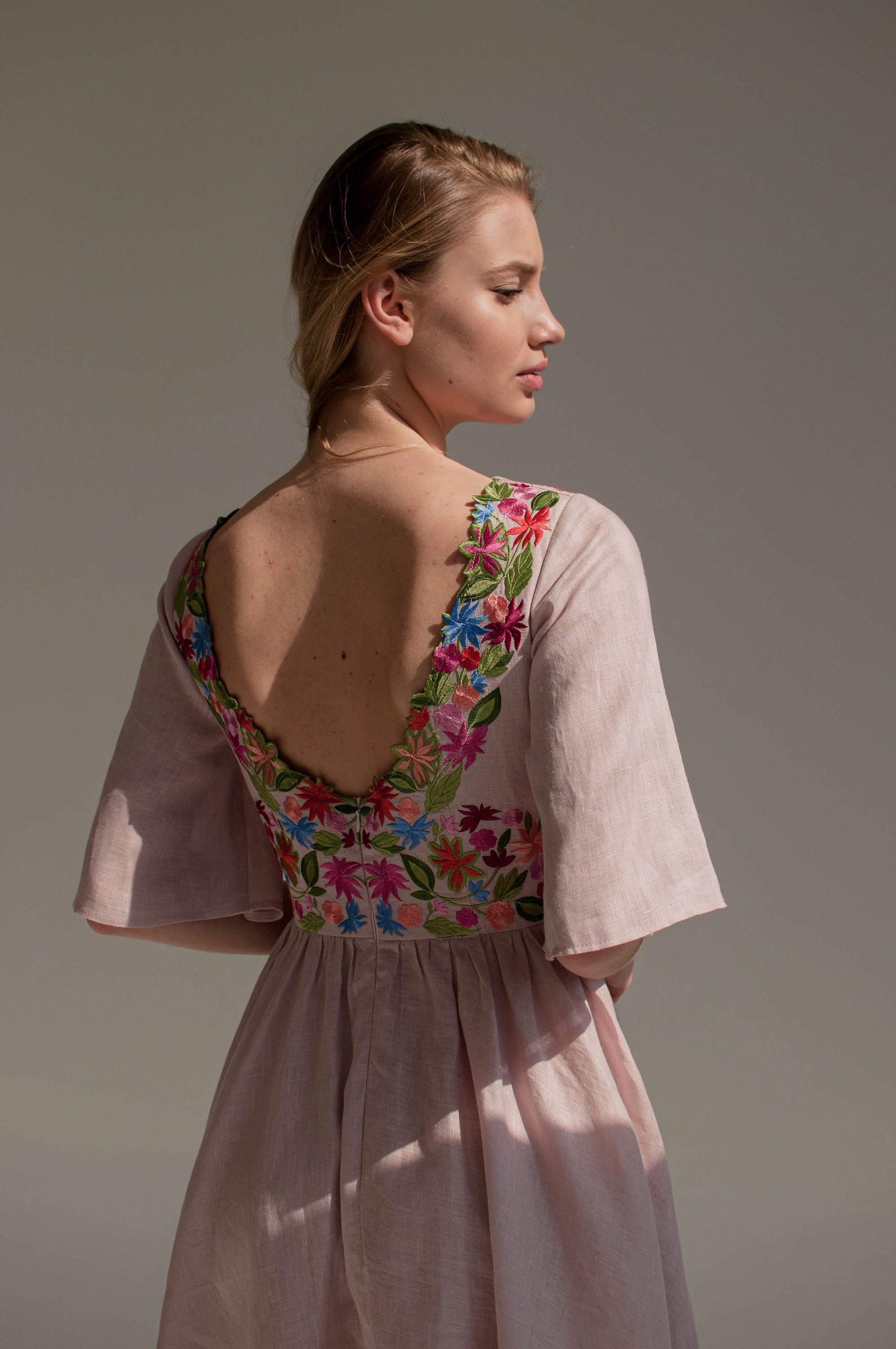 floral wedding dress, blush linen wedding dress, non traditional wedding dress, colorful embroidered ukrainian dress