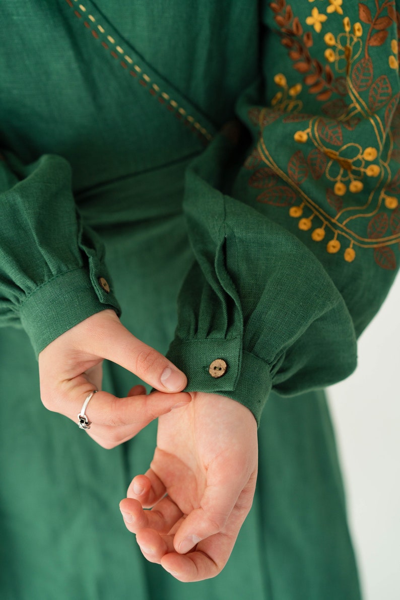 forest green linen dress, floral embroided linen wrap dress, midi ukrainian dress image 7