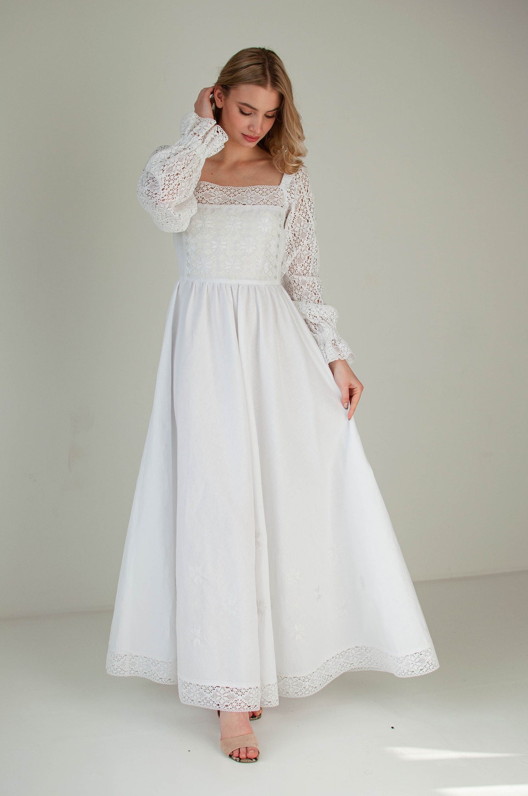 Slavic Modest White Linen Wedding Dress, Embroidered Slavic Folklore Dress, Modest ...
