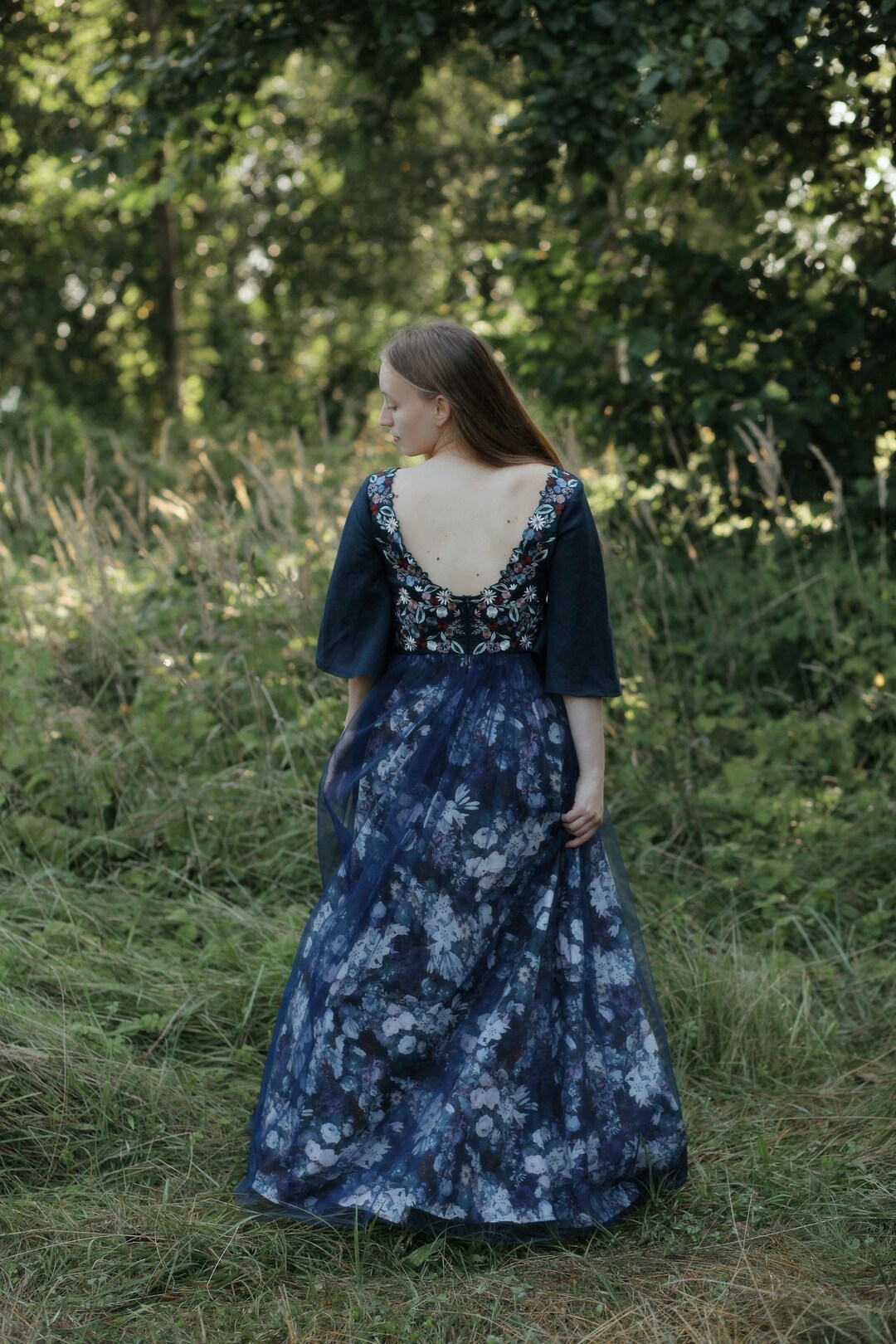 Blue Floral Wedding Dress Embroidered Wildflower Fairy Wedding Dress