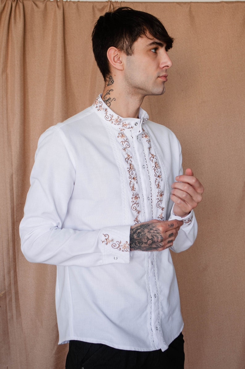 bulgarian folk shirt dusty pink floral embroidery button up shirt men ethnic slavic shirt pagan wedding groomsmen attire chic rustic shirt