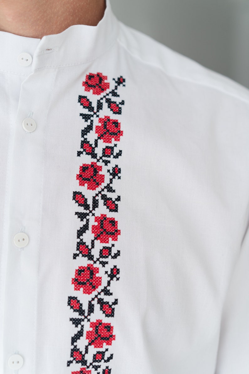 floral embroidery folk shirt, handmade ukrainian shirt vyshyvanka men, custom made classic white linen shirt image 9