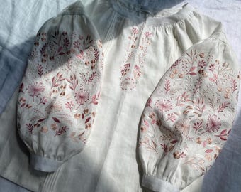 off white linen embroidered blouse, ukrainian vyshyvanka blouse, wildflower peasant linen top, handmade ukrainian designer boho top