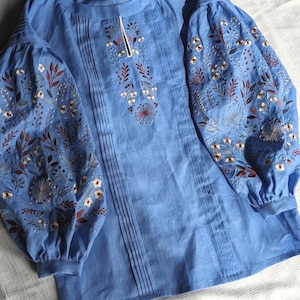 blue linen embroidered blouse, ukrainian vyshyvanka blouse, wildflower peasant linen top, handmade ukrainian designer boho top Periwinkle blue