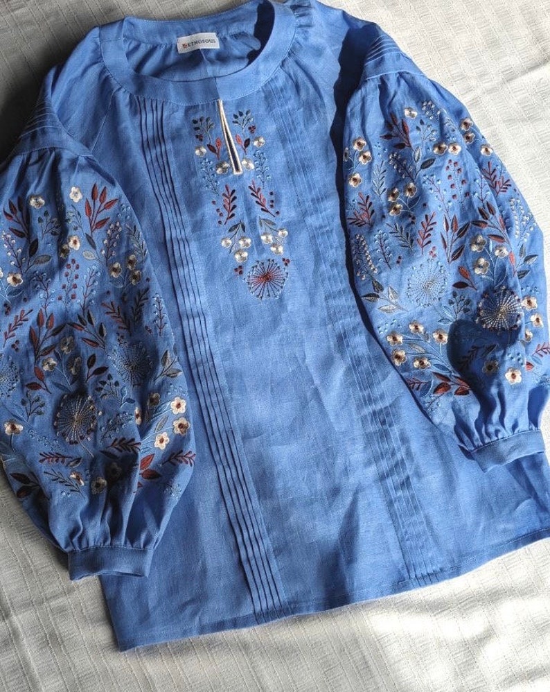 blue linen embroidered blouse, ukrainian vyshyvanka blouse, wildflower peasant linen top, handmade ukrainian designer boho top Periwinkle blue