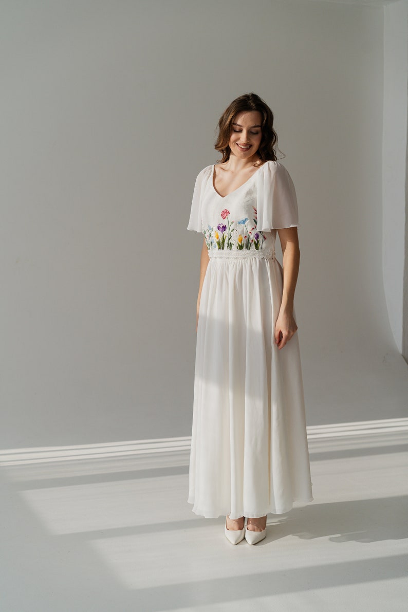 hand embroidered wedding dress, wildflower chiffon wedding dress, colotful floral wedding dress, handmade ukrainian dress image 4