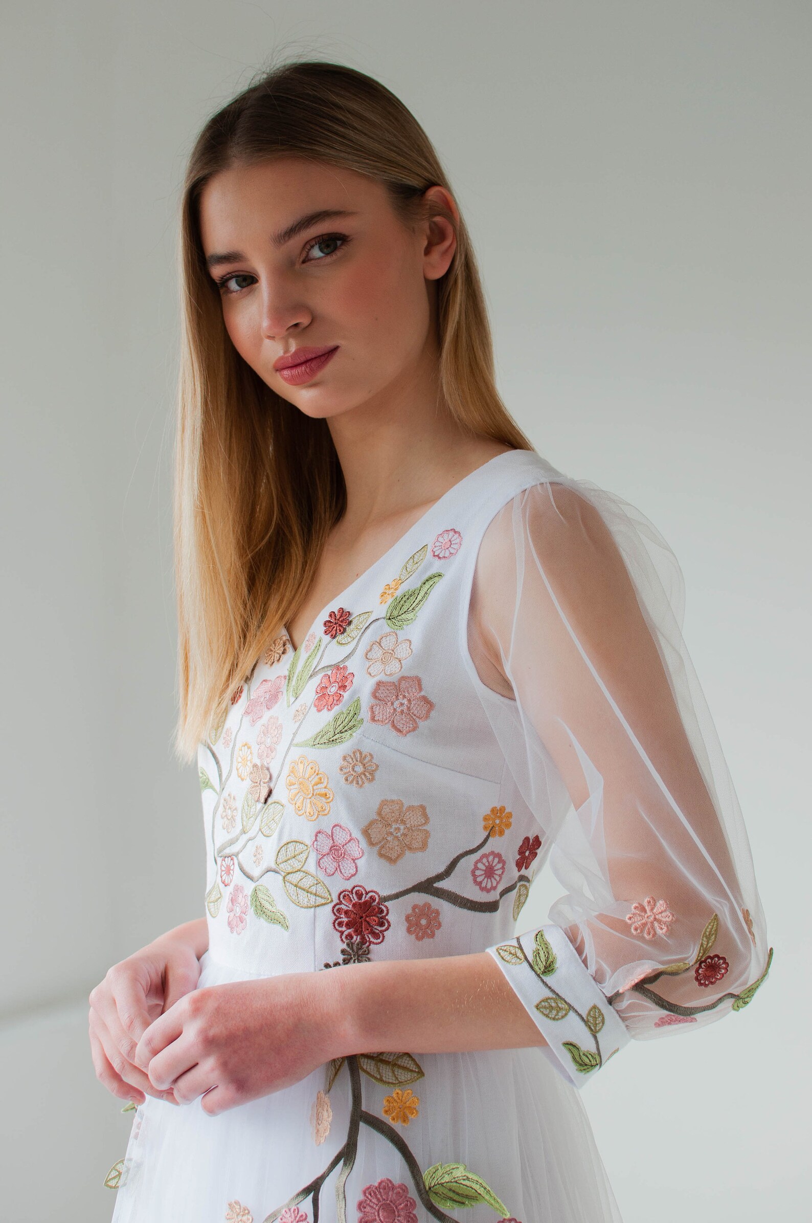 Floral Wedding Dress Tea Length Wedding Dress With Sleeves Etsy