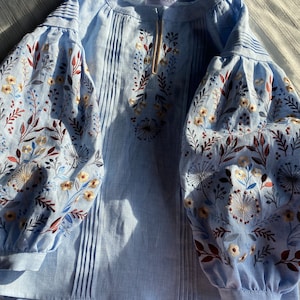 blue linen embroidered blouse, ukrainian vyshyvanka blouse, wildflower peasant linen top, handmade ukrainian designer boho top image 8