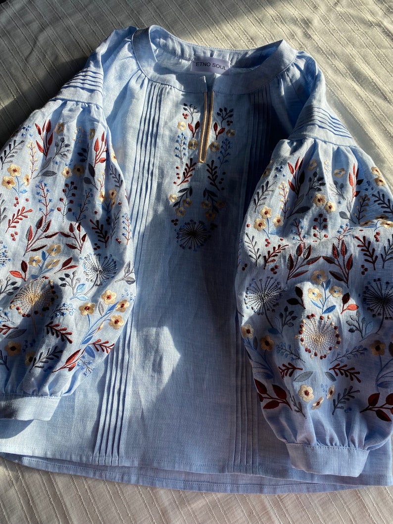 blue linen embroidered blouse, ukrainian vyshyvanka blouse, wildflower peasant linen top, handmade ukrainian designer boho top image 8