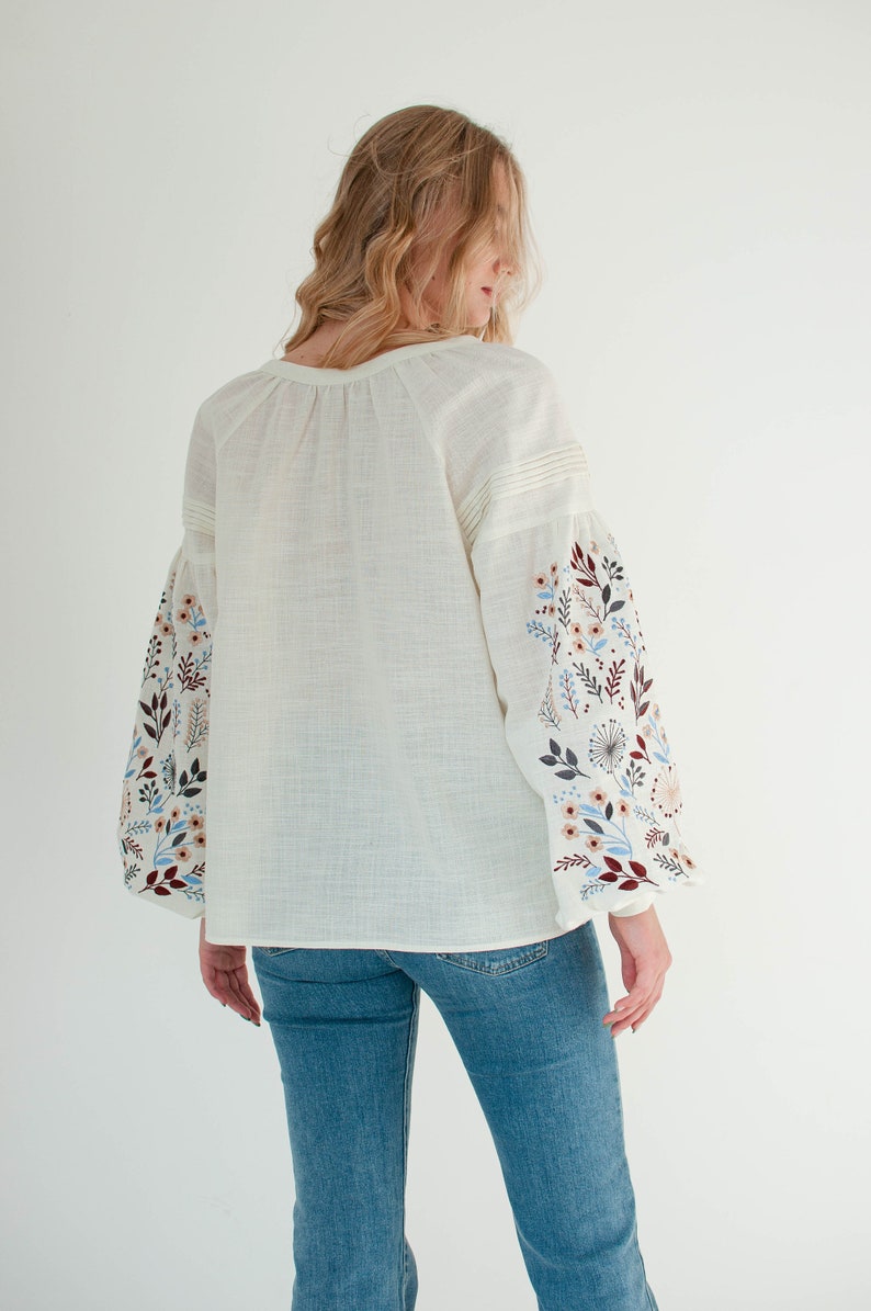 floral ukrainian blouse, ivory linen peasant blouse, modern vyshyvanka, folk embroidered hungarian blouse long sleeve image 9