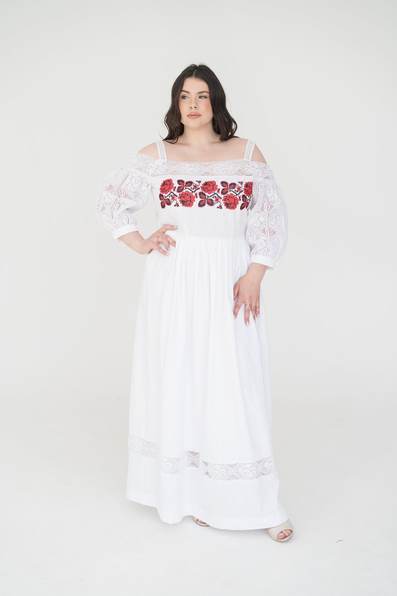 embroidered wedding dress, floral ukrainian dress, hungarian dress, boho wedding dress detachable tulle skirt, elopement dress image 9