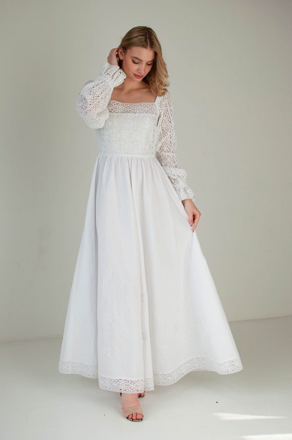 Linen Wedding Dress White Embroidered 