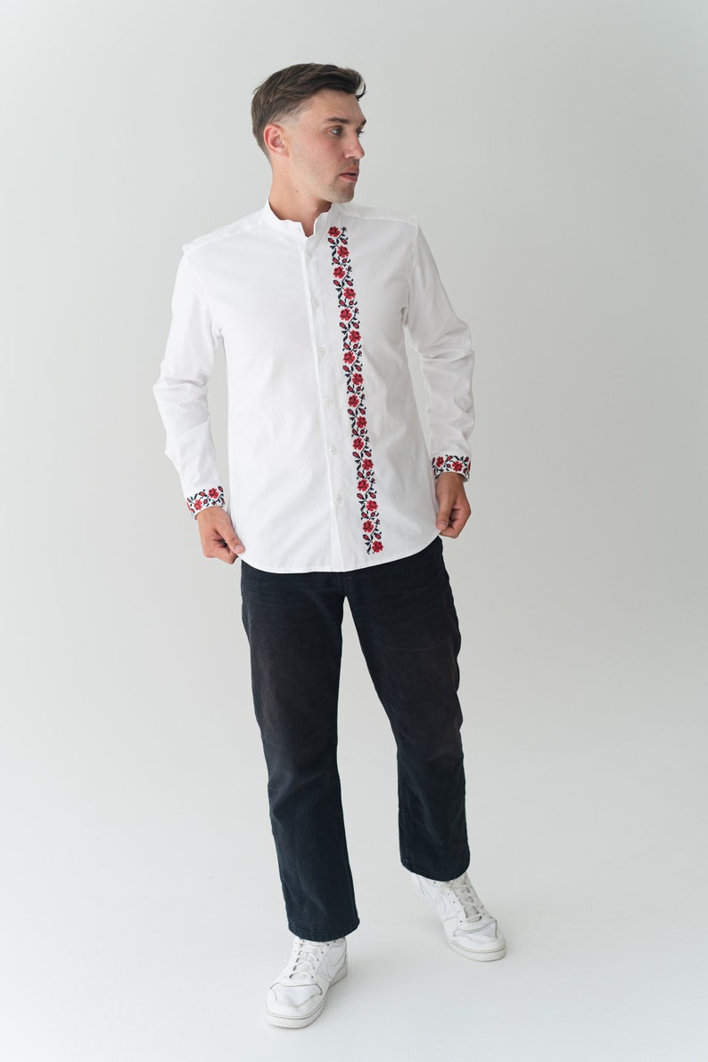 floral embroidery folk shirt, handmade ukrainian shirt vyshyvanka men, custom made classic white linen shirt image 2
