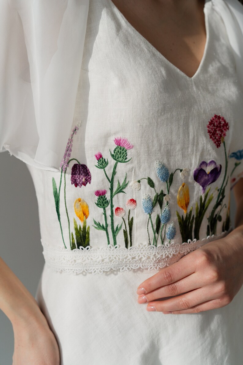 hand embroidered wedding dress, wildflower chiffon wedding dress, colotful floral wedding dress, handmade ukrainian dress image 8