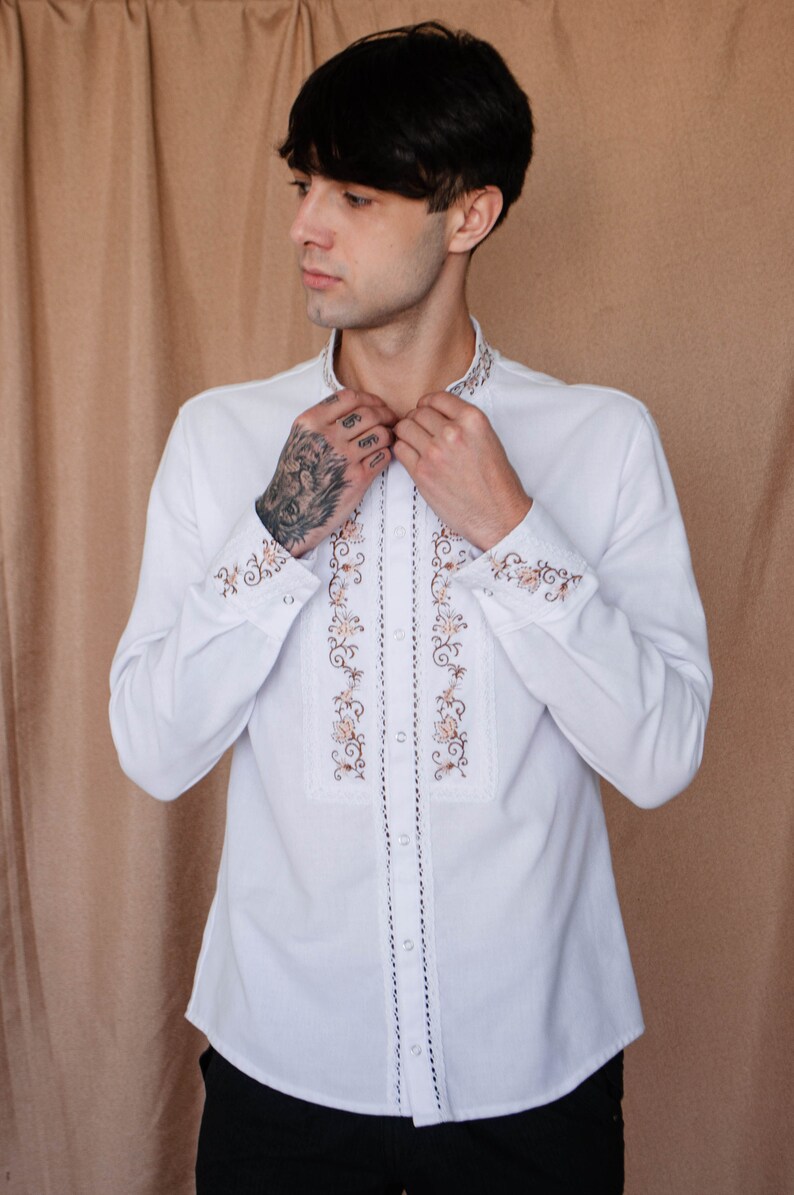 bulgarian folk shirt dusty pink floral embroidery button up shirt men ethnic slavic shirt pagan wedding groomsmen attire chic rustic shirt