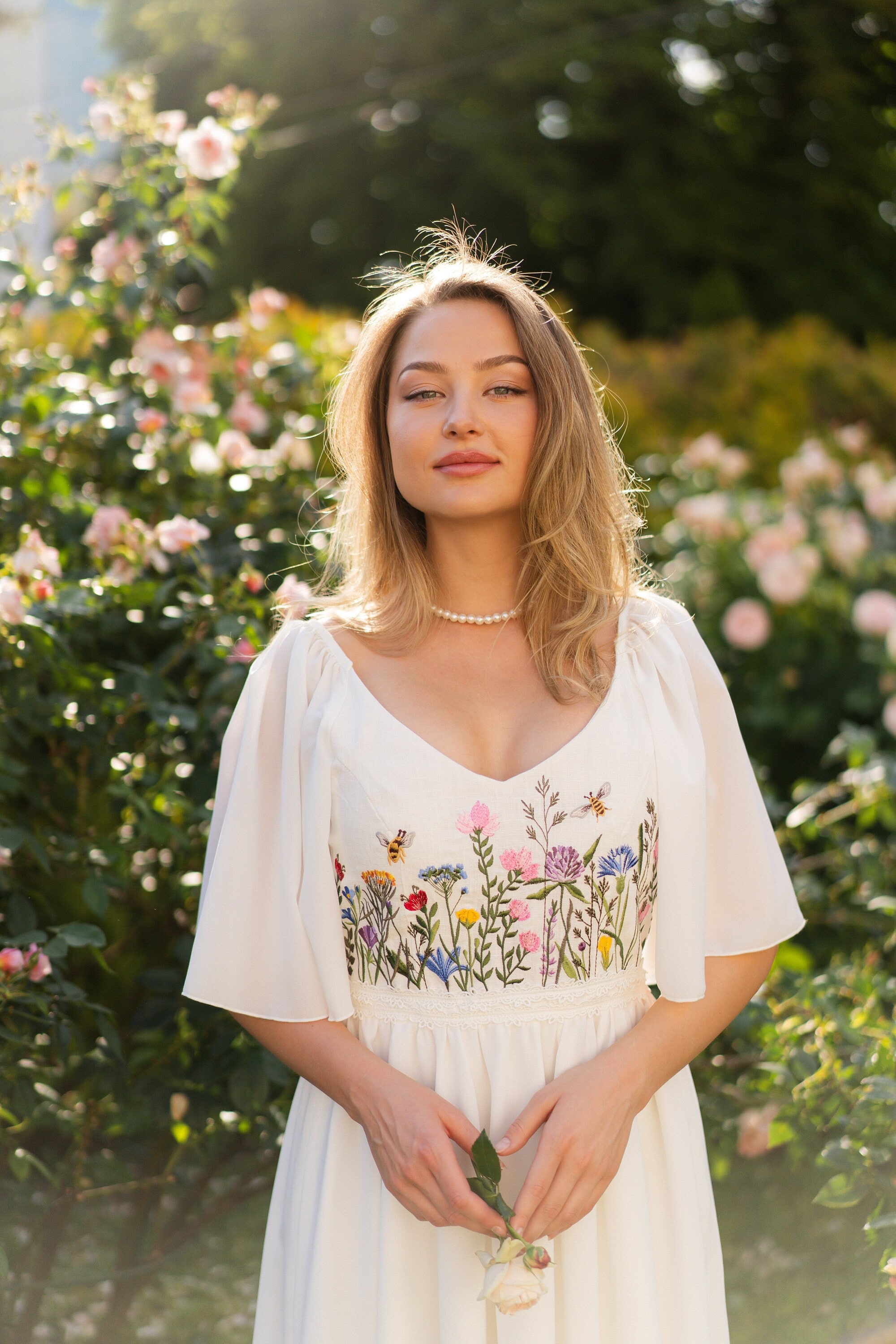 wildflower embroidered wedding dress, colorful floral wedding dress, boho chiffon dress sleeves