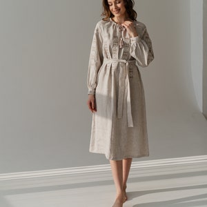 linen ukrainian embroidered dress, vyshyvanka dress, loose linen shirt dress, casual linen dress zdjęcie 2