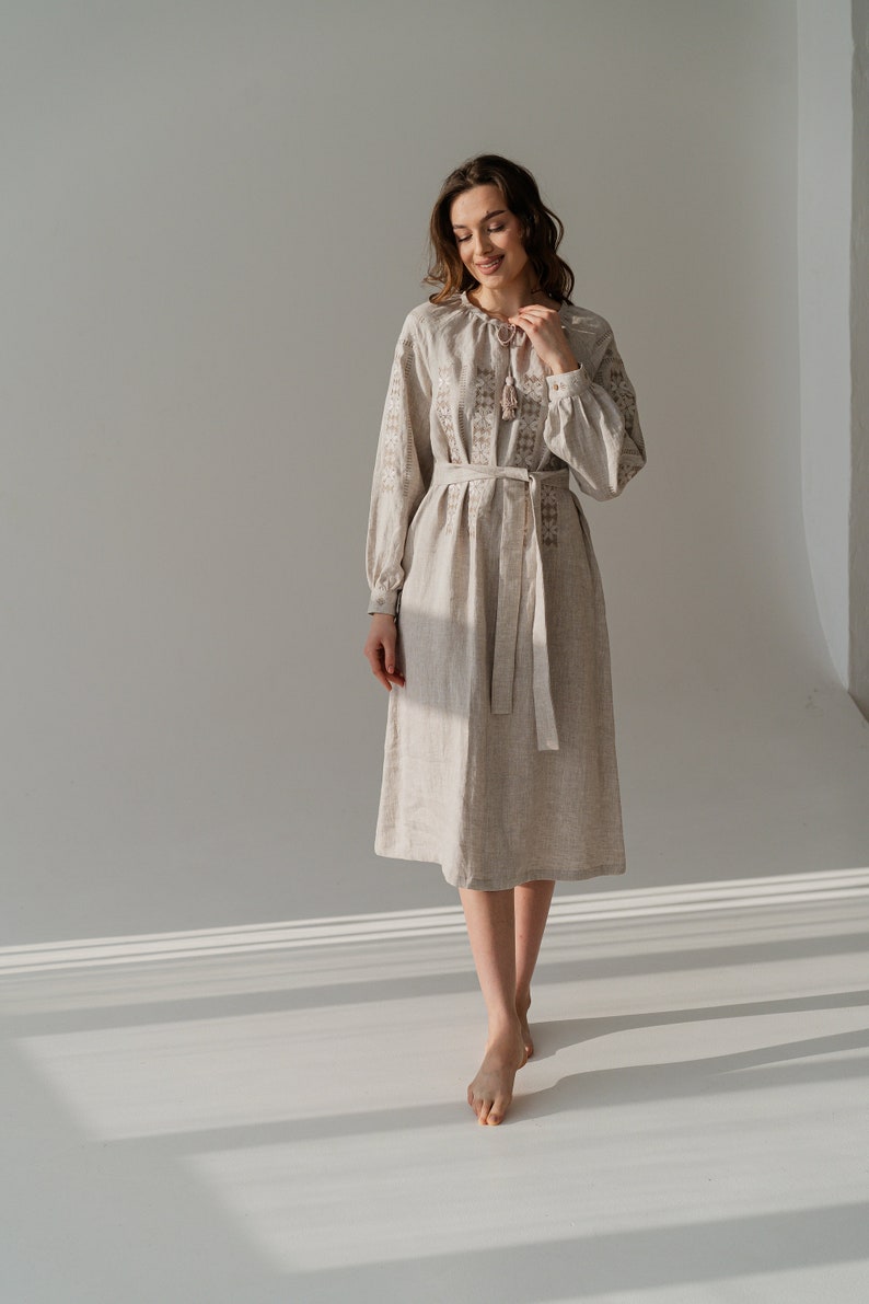 linen ukrainian embroidered dress, vyshyvanka dress, loose linen shirt dress, casual linen dress zdjęcie 2