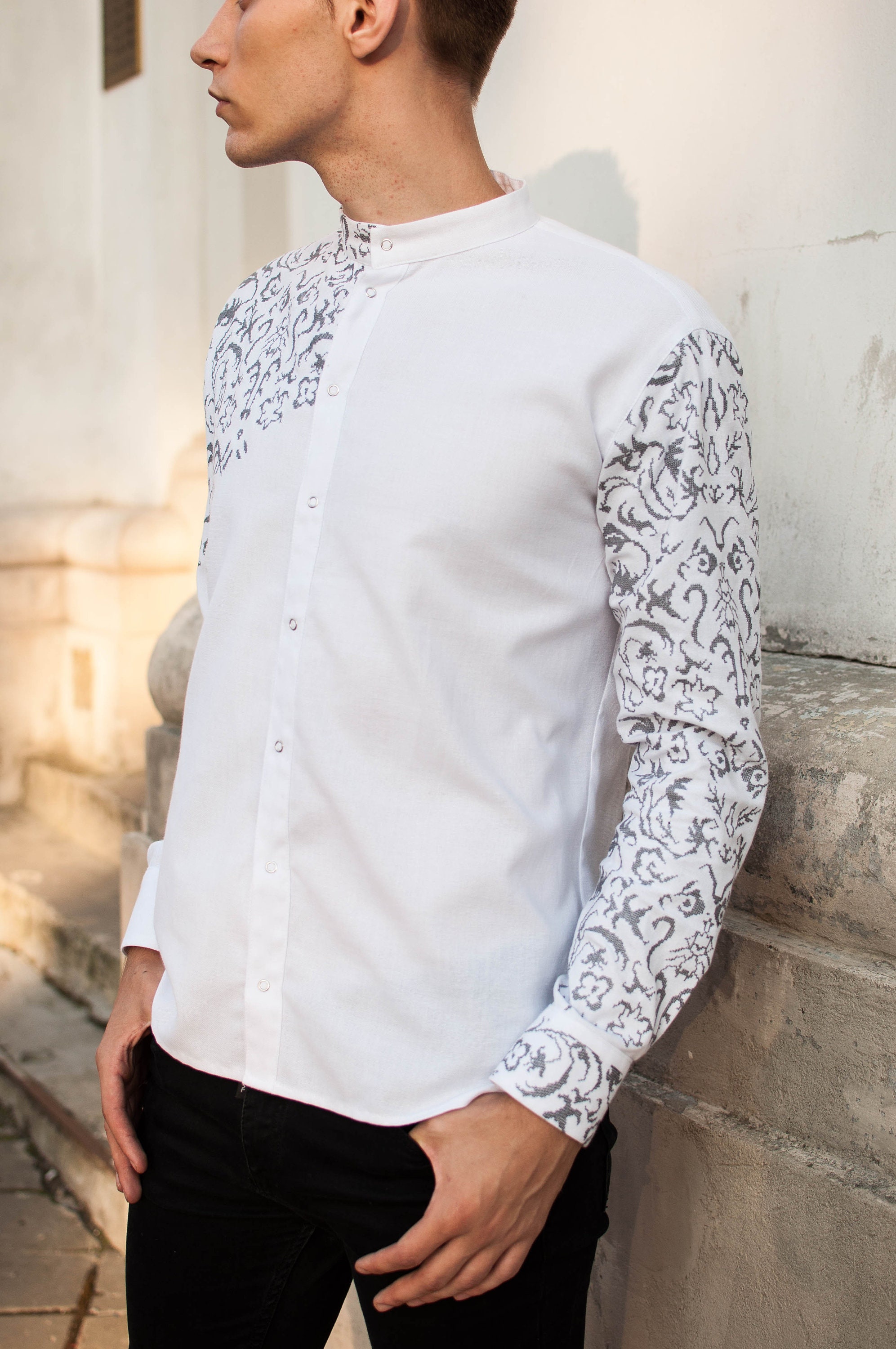 Modern vyshyvanka men grey embroidery white ukrainian shirt | Etsy
