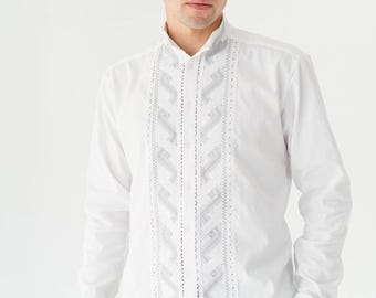 silver and white embroidered shirt, traditional ukrainian vyshyvanka men, white linen wedding shirt for men, handmade linen button up shirt