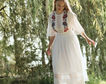 floral embroidered ukrainian dress, colorful vyshyvanka dress, lace modest dress, custom hand made floral wedding dress