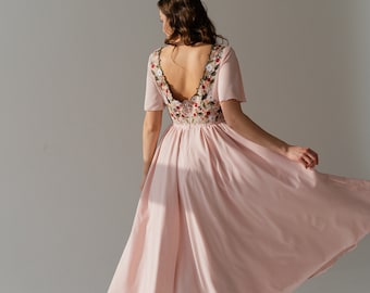 pink chiffon wedding dress, floral embroidered wedding dress v neck, wildflower unique wedding dress, ukrainian handmade