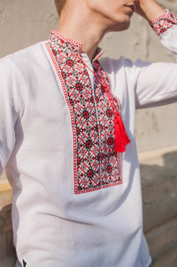 Mens Embroidered Shirt White Ukrainian 