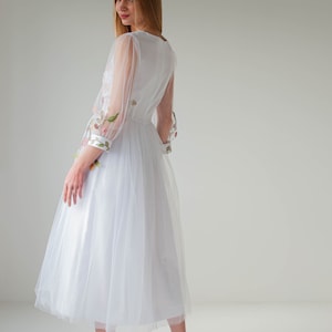 romantic floral wedding dress, colorful embroidered tulle wedding dress, fairy wedding dress, modest a line wedding dress image 5
