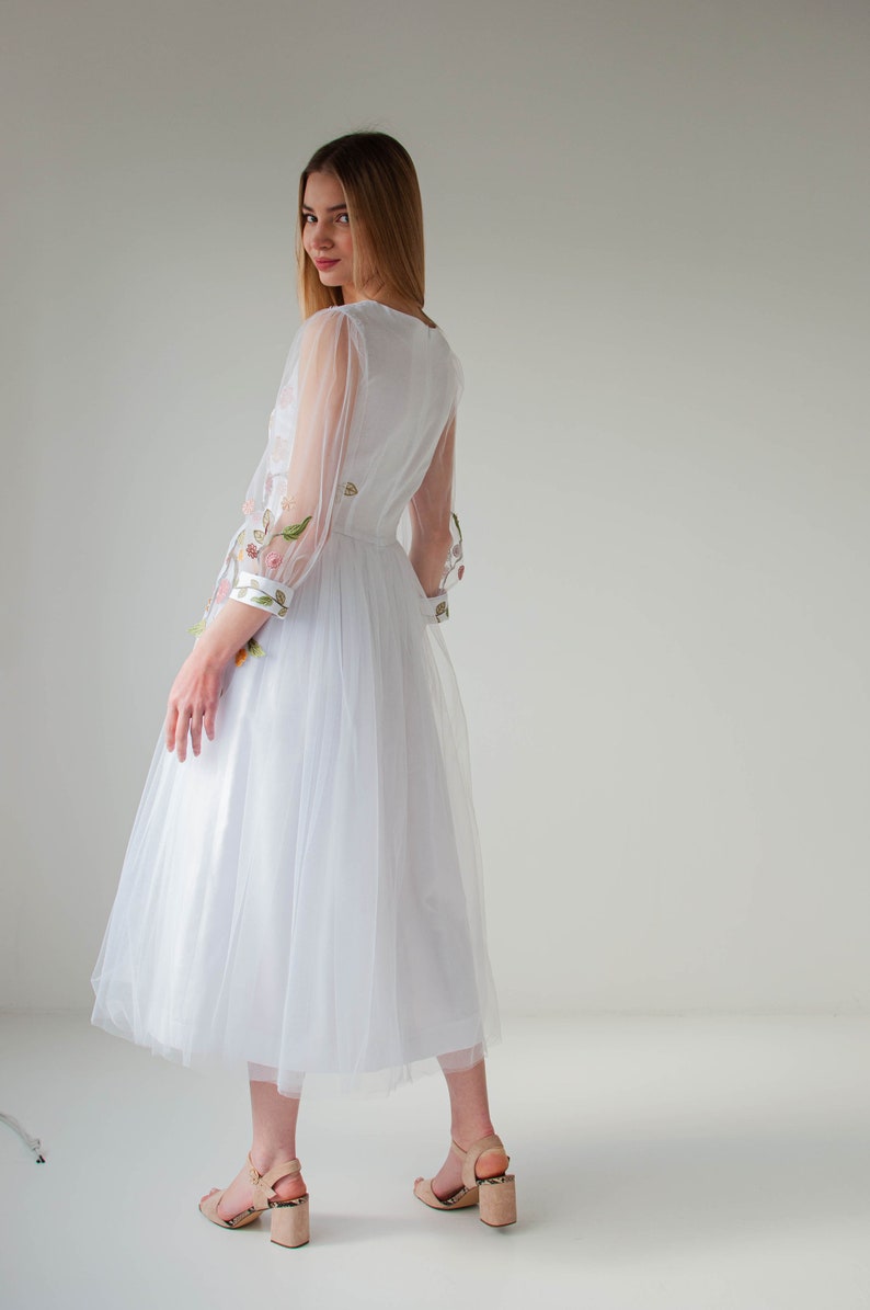 romantic floral wedding dress, colorful embroidered tulle wedding dress, fairy wedding dress, modest a line wedding dress image 5
