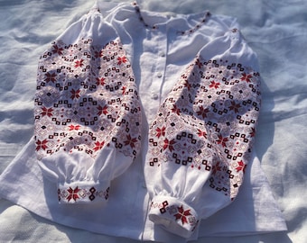 white linen embroidered blouse, ukrainian vyshyvanka blouse, peasant linen top, handmade ukrainian designer boho top