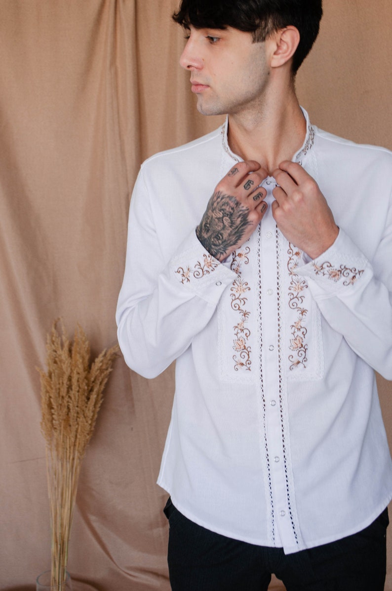 bulgarian folk shirt dusty pink floral embroidery button up shirt men ethnic slavic shirt pagan wedding groomsmen attire chic rustic shirt