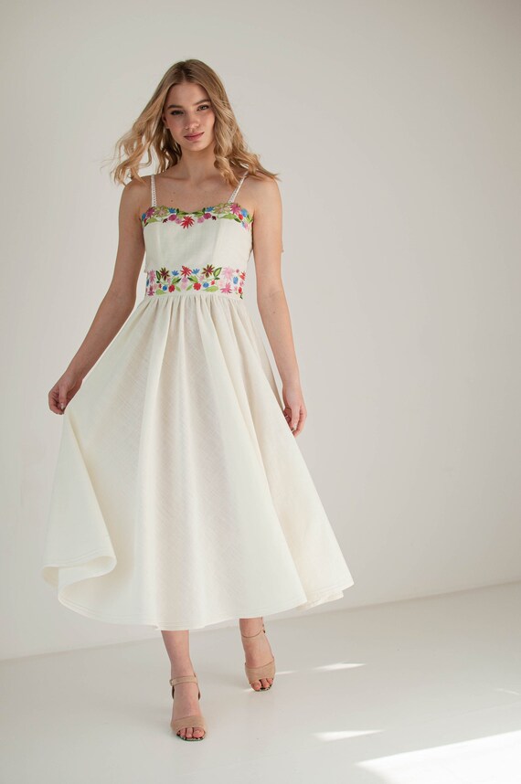Wildflower Linen Wedding Dress, Floral Embroidered Wedding Dress, Designer  Handmade Ukrainian Dress, Spaghetti Strap Wedding Dress - Etsy