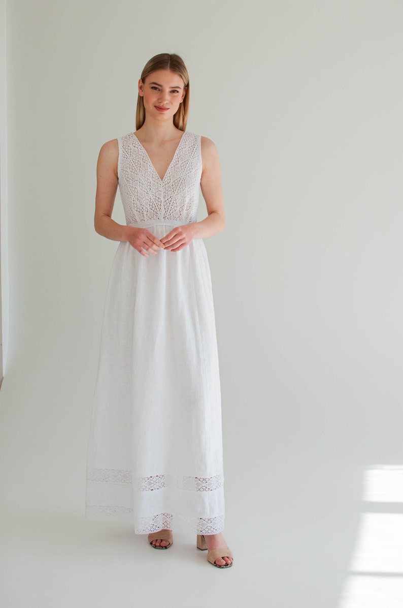 white linen dress, linen slip dress, lace linen wedding dress, boho linen sunderss women, elopement dress image 8