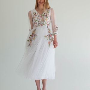 romantic floral wedding dress, colorful embroidered tulle wedding dress, fairy wedding dress, modest a line wedding dress image 6
