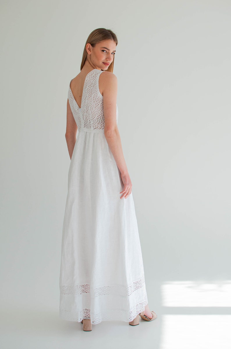 white linen dress, linen slip dress, lace linen wedding dress, boho linen sunderss women, elopement dress image 10