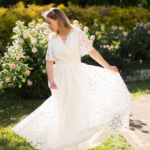 lace floral wedding dress, wrap wedding dress flutter sleeves, boho wedding dress non traditional